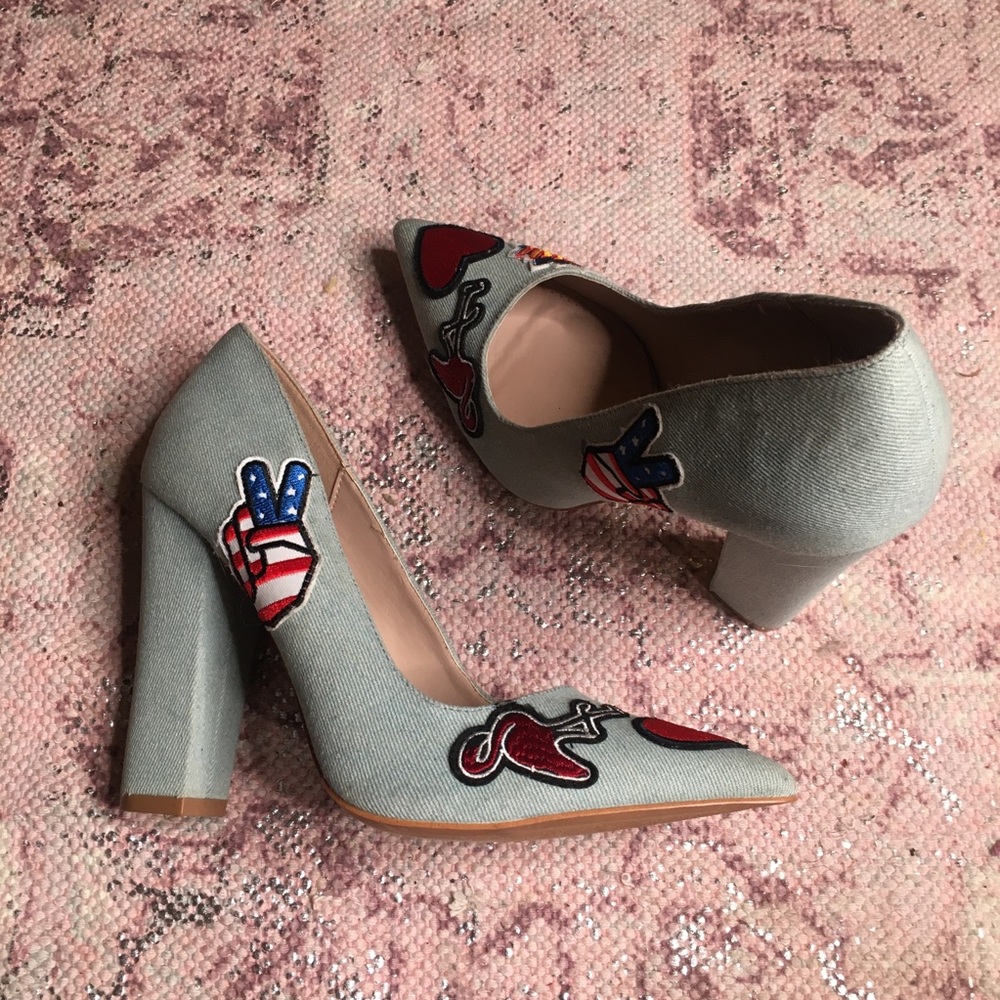 Denim pointed toe block heel fun designs
